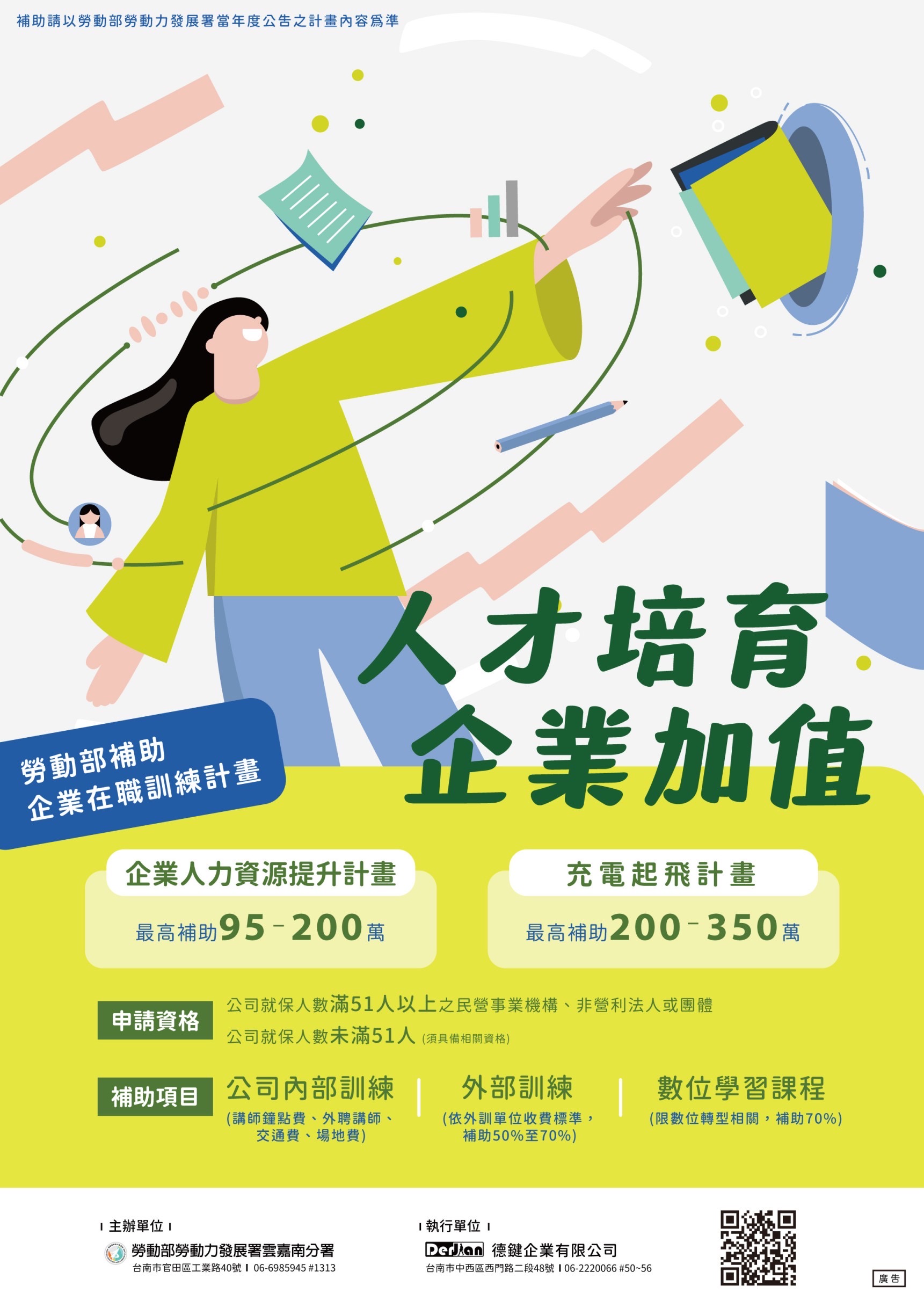 通稿-勞動部「企業人力資源提升計畫」及「充電起飛計畫」可補助51人以上企業在職訓練，最高補助350萬元。