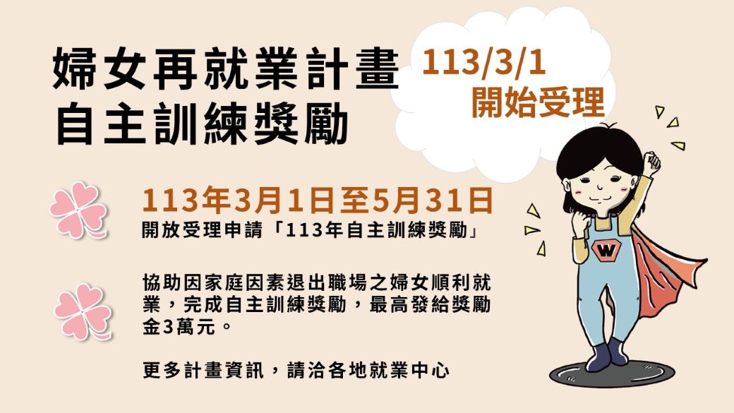 勞動部「自主訓練獎勵」，上半年受理期間即日起至5月31日，雲嘉南分署鼓勵符合條件婦女踴躍提出申請。